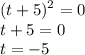 \displaystyle (t+5)^2=0\\t+5=0\\t=-5