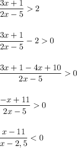 \dfrac{3x+1}{2x-5}2dfrac{3x+1}{2x-5}-20dfrac{3x+1-4x+10}{2x-5}0dfrac{-x+11}{2x-5}0dfrac{x-11}{x-2,5}