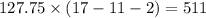 127.75 \times (17 - 11 - 2) = 511