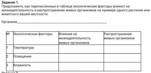 Предскажите, как перечисленные в таблице экологические факторы влияют на жизнедеятельность и распрос