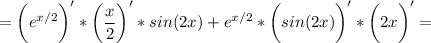 \displaystyle =\bigg (e^{x/2}\bigg)'*\bigg (\frac{x}{2} \bigg )'*sin(2x)+e^{x/2}*\bigg (sin(2x)\bigg )'*\bigg (2x \bigg )'=