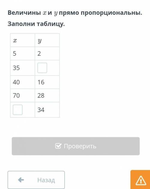 Величины x и y прямо пропорциональны. Заполни таблицу ((