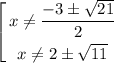 $\left[\begin{gathered}x\neq \frac{-3\pm\sqrt{21} }{2} \\x\neq 2\pm\sqrt{11} \end{gathered} \right.$\\