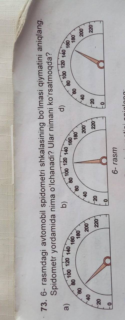 6-rasmdagi avtomobil spidometri shkalasining boʻlmasi qiymatini aniqlang. Spidometr yordamida nima o