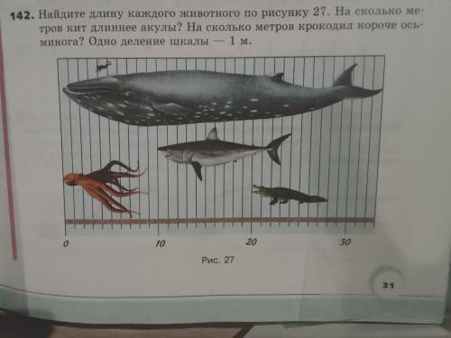 142. Найдите длину каждого животного по рисунку 27. На сколько ме- тров кит длиннее акулы? На скольк
