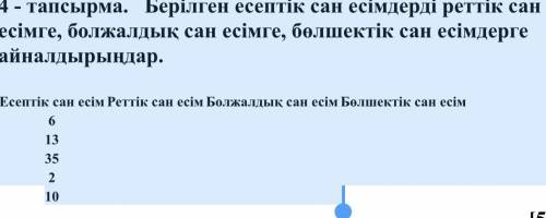 от 4 - тапсырма. Берілген есептік сан есімдерді реттік сан есімге, болжалдық сан есімге, бөлшектік с