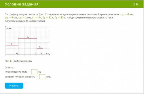 По графику модуля скорости (рис. 1) определи модуль перемещения тела за всё время движения: υ1 = 4 м