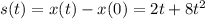 s(t) = x(t) - x(0) = 2t + 8t^2