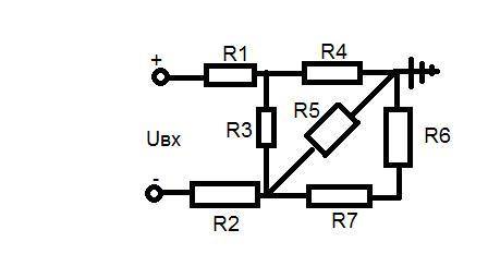 Задача. Дано: Uвх=20 В R1=R2=1 Ом R3=4 Ом R4=1 Ом R5=6 Ом R6=2 Ом R7=4 Ом Определить все токи(I1,I2,