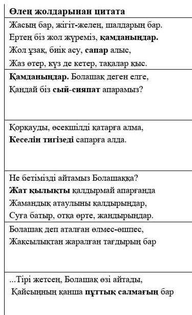 короче задание такое : написать своё мнение о каждой части стиха(Ертең біз жол журеміз) Мукагали Мак