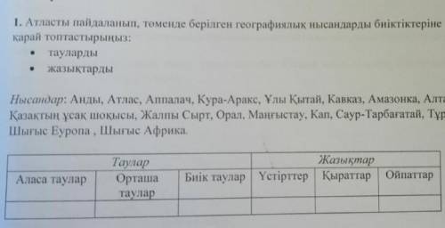 1. Атласты пайдаланып, төменде берілген географиялық нысандарды биіктіктеріне қарай топтастырыңыз: т