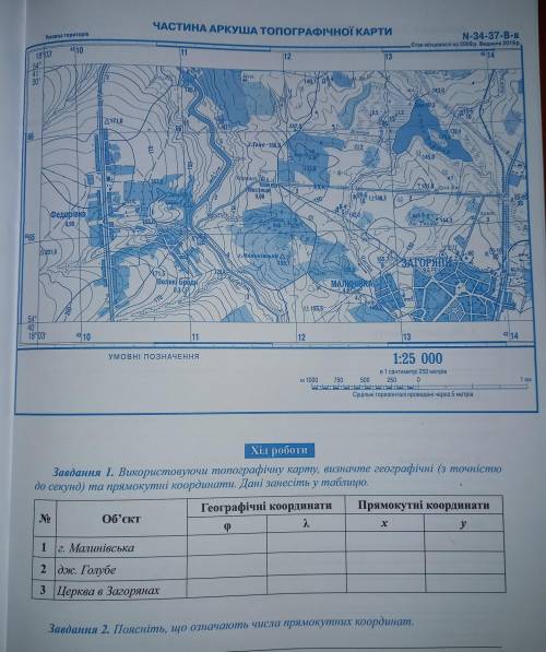 Використовуючи топографічну карту, визначте географісні (до секунд) та прямокутні координати