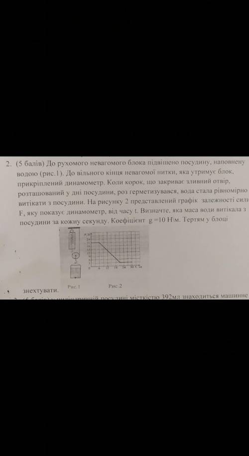 До рухомого невагомого підвішено посудину, наповнену водою (рис.1). До вього кінця невагомої нитки,