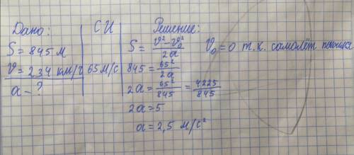 3. Определите ускорение самолёта, если известно, что длина взлётной полосы 845 м, скорость самолета