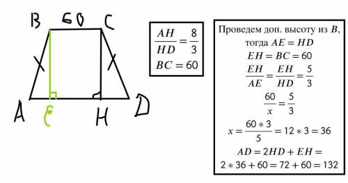 Высота равнобедренной трапеции, проведённая из вершины C, делит основание AD в отношении 8:3. Найдит