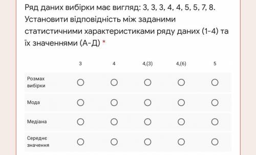 Ряд даних вибірки має вигляд: 3, 3, 3, 4, 4, 5, 5, 7, 8. Установити відповідність між заданими стати