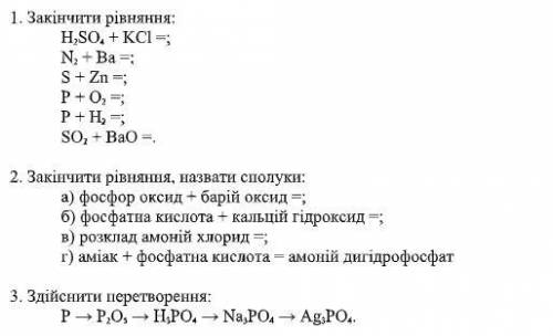Хімія. Закінчити рівняння. Закінчити рівняння, назвати сполуки. Здійснити перетворення.