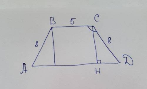 Меньшее основание трапеции ABCD равно 5см ,АВ=СD =8см , соsC = -3/4. Найдите площадь трапеции АВСD.