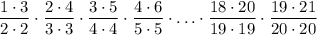 \dfrac{1\cdot3}{2\cdot2}\cdot\dfrac{2\cdot4}{3\cdot3}\cdot\dfrac{3\cdot5}{4\cdot4}\cdot\dfrac{4\cdot6}{5\cdot5}\cdot\ldots\cdot\dfrac{18\cdot20}{19\cdot19}\cdot\dfrac{19\cdot21}{20\cdot20}