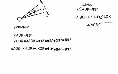 а)постройте АОВ b)внутри угла проведите луч ОК с)найдите величину АОВ если АОК=43 ВОК на 11 больше А