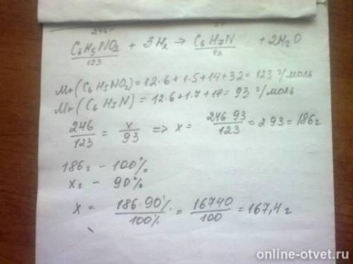 Обчисліть масу аніліну, що утвориться з нітробензолу масою 247 г і водню, масою 12 г, якщо практични