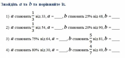 Знайдіть а тa b та порівняйте їх. 1 1) а становить від 33, а = __,b становить 25% від 48, b = b 3 1