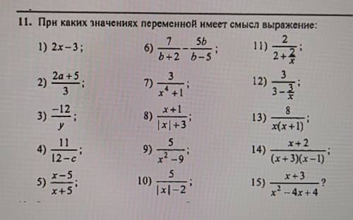 11.При каких значениях переменной имеет смысл выражение1)2x-32)2a+5/33)-12/y4)11/12-c7)3/x^4+18)x+1/