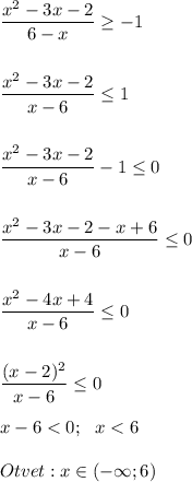 \displaystyle\\\frac{x^2-3x-2}{6-x} \geq -1frac{x^2-3x-2}{x-6} \leq 1frac{x^2-3x-2}{x-6} -1\leq 0frac{x^2-3x-2-x+6}{x-6} \leq 0frac{x^2-4x+4}{x-6} \leq 0frac{(x-2)^2}{x-6} \leq 0x-6