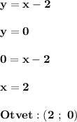 \displaystyle\bf\\y=x-2y=00=x-2x=2Otvet:(2 \ ; \ 0)