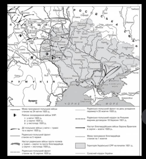 За до карти з’ясуйте, яким було становище українських земель у 1920 р. З огляду на розклад сил, об’є