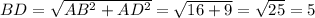 BD = \sqrt{AB^2+AD^2}=\sqrt{16+9}=\sqrt{25}=5