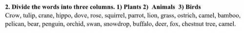 Divide the words into three columns. 1) Plants 2) Animals 3) Birds ( )