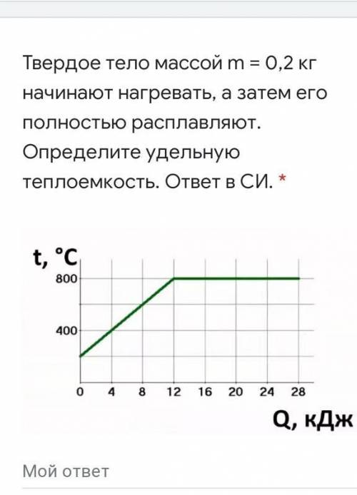 Твердое тело массой m = 0,2 кг начинают нагревать, а затем его полностью расплавляют. Определите уде