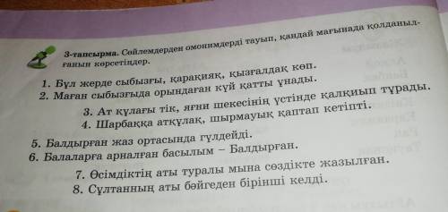 Сойлемдерден омонимдерді тауып, қандай мағынада қолданылғанын корсетіндер