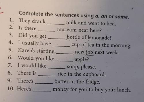 Complete the sentences using a, an or some.