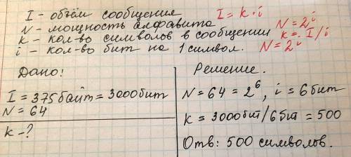 объем сообщения 375 байтов. сообщение состоит из алфавита мощностью 64 сколько символов в сообщении?