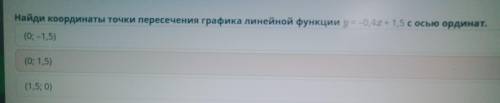 Найди координаты точки пересечения графика линейной функции y = -0,4х + 1,5 с осью ординат.