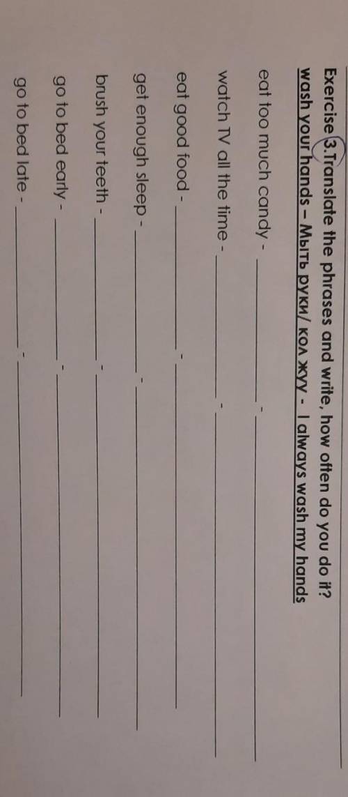 Exercise 3.Translate the phrases and write, how often do you do it? wash your hands - Mbitb pykN/KOA