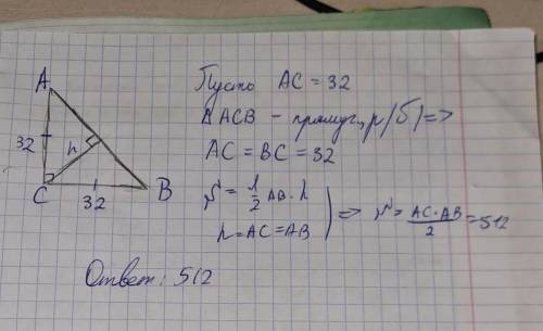 Найди площадь прямоугольного равнобедренного треугольника, если один из его катетов равен 32