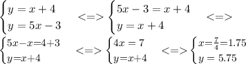 \begin{cases}y = x + 4 \\ y = 5x - 3 \end{cases} < = \begin{cases}5x - 3= x + 4 \\ y = x + 4 \end{cases} < = \\ \small\begin{cases}5x{ -} x{ =} 4{ + }3 \\ y{ = }x {+} 4 \end{cases} < = \begin{cases}4x = 7 \\ y{ =} x {+} 4 \end{cases}{ } \begin{cases}x{ = } \frac{7}{4}{ =} 1.75 \\ y = 5.75 \end{cases}