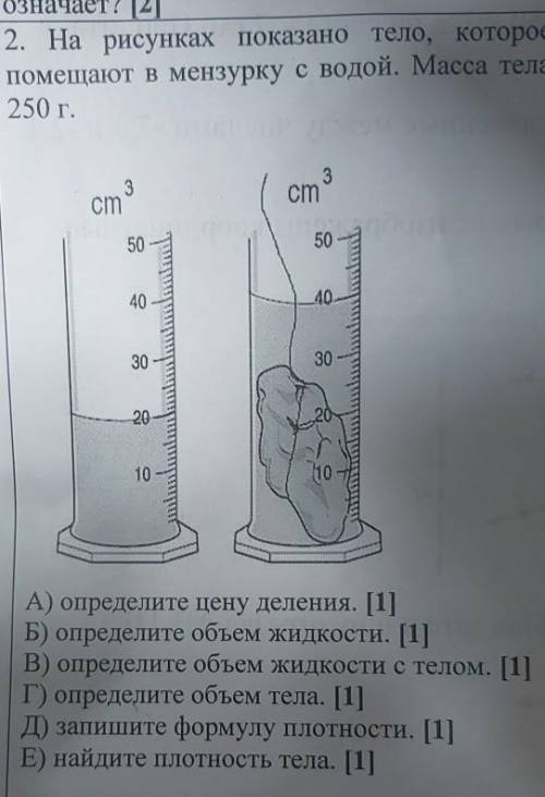 2. На рисунках показано тело, которо помещают в мензурку с водой. Масса тел 250 г. с. - ВІН кэм 91Hн