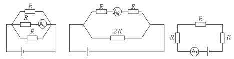 В каком из нижеприведенных соотношений находятся показания амперметров в электрических цепях, указан