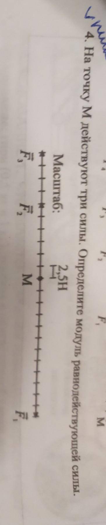 4.На точку М дейсвуют три силы.Определите модуль равнодействующей силы.