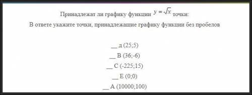 Принадлежат ли графику функции y=√x точки: