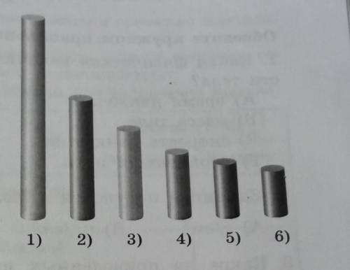 На рисунке даны тела равной массы(справа налево) из: алюминия, цинка, олова, стали, меди, свинца. Оп
