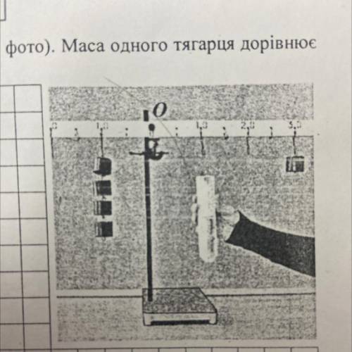 Важіль, закріплений у точці О, перебуває в рівновазі (див. фото). Маса одного тягарця дорівнює 100 г