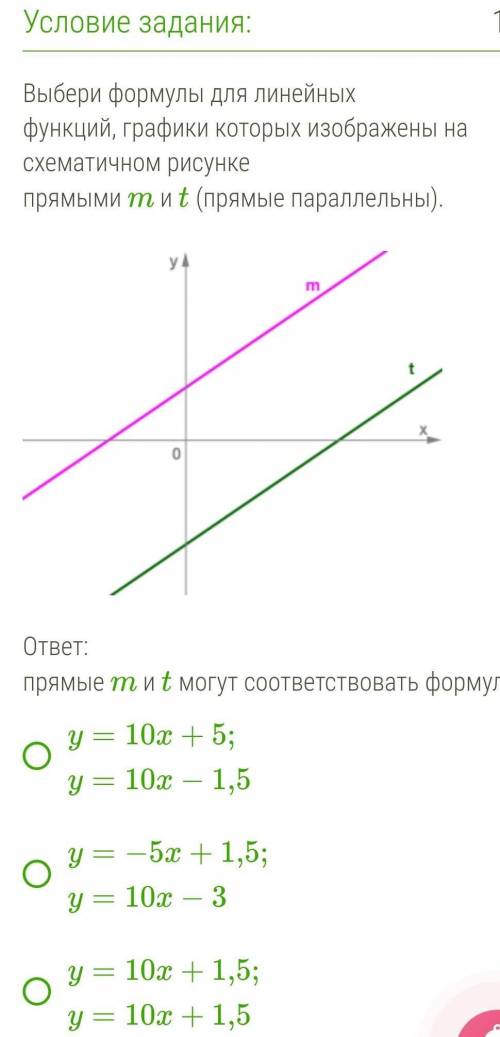 Выбери формулы для линейных функций, графики которых изображены на схематичном рисунке прямыми m и t