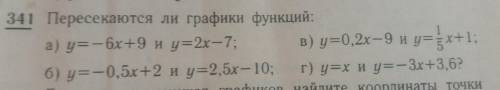 7 класс АЛГЕБРАномер 341 (Пересекаются ли графики функций)а),б),в) и г)