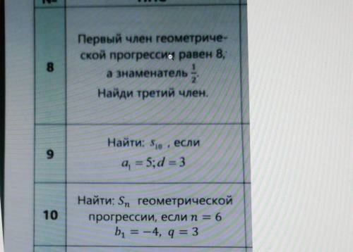 Первый член геометриче ской прогрессия равен 8, а знаменатель Найди третий член. 9 Найти: Sio , если
