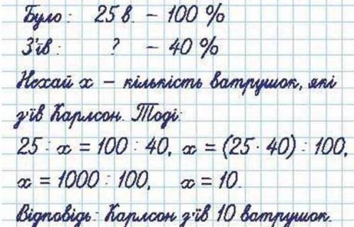 Мама малька спекла 25 ватрушок. Карл он з'їв 40% ватрушок. скільки ватрушок з' їв карлсон